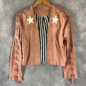 LENNI The Label Faux Suede Jacket Women S Pink Star Lightning Bolt Lace Sleeve